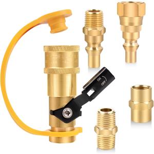 1/4" RV Propane Quick Connect Adapter for Propane Hose, Quick Connect Disconnect Kit Fitting Shutoff Valve with Full Flow Plug 1/4" Male Female NPT and with 3/8" Female Flare Conver for RV,Trailer,BBQ