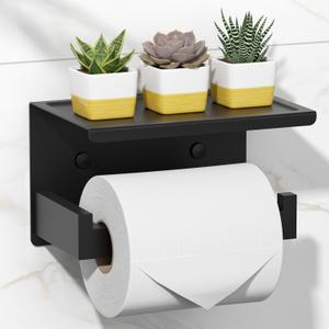 HITSLAM Toilet Paper Holder with Shelf, Stick on Matte Black Toilet Paper Roll Holder, Self Adhesive or Wall-Mount with Screws for Bathroom,Washroom (Large)