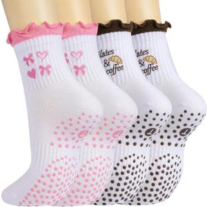 2 Pairs Women's Cute Pilates Ruffle Socks, Grippy Non-Slip Crew Socks with Embroidery for Yoga Barre Workout