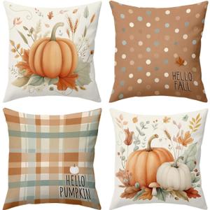 BBOLDIN Fall Thanksgiving Throw Pillow Covers 18x18, Fall Plaid Leaves Pumpkin Orange Pillow Cases Set of 4, Halloween Autumn Cushion Covers Decorations for Home Porch Bedroom