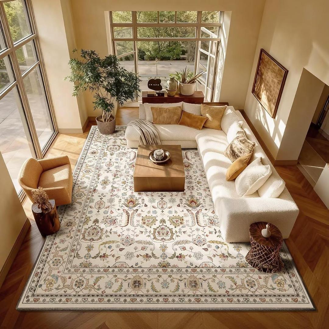 Washable 8x10 Area Rugs for Living Room, Boho Non-Slip Vintage Distress Large Rugs for Bedroom Dining Room Nursery Office, 0.3" Neutral Oriental Throw Thin Carpet, Beige/Rust/Multi, B1