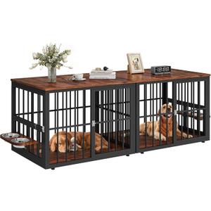 88.6" Large Dog Crate Furniture, Wooden Dog Kennel with Bowls & 3 Doors, Double Crate Furniture TV Stand for Medium Large Dogs, Brown