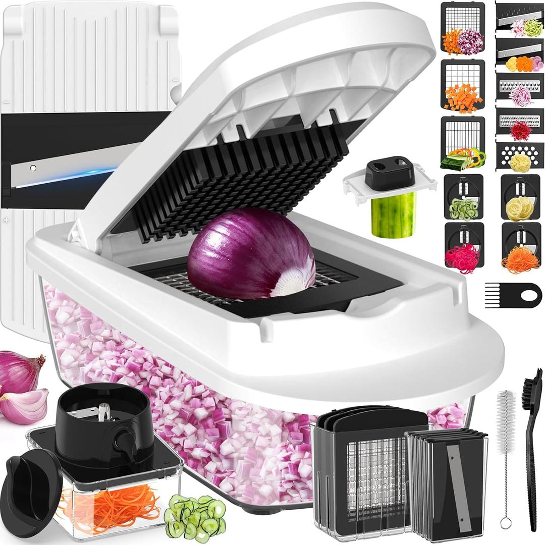 12 Blade All-in-1 Vegetable Chopper Mandoline Slicer with Container, Spiralizer with Containers, Food Chopper, Onion Chopper, Veggie Cutter for Salad, Kitchen Gadgets Accessories Essentials, White