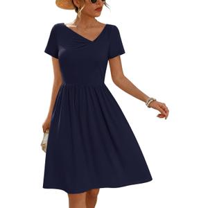 MEROKEETY Women's Summer Asymmetrical V Neck Sundress 2026 Short Sleeve Casual Ruched A Line Beach Vacation Mini Dresses (L)
