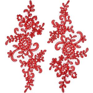 uxcell 2 Pcs Flower Lace Appliques 3D Embroidery Lace Patch Sewing Addition Embellishments for Wedding Bridal Dress Clothes DIY Crafts Accessories Decoration, Red (23cm) (9 x 4 inch)