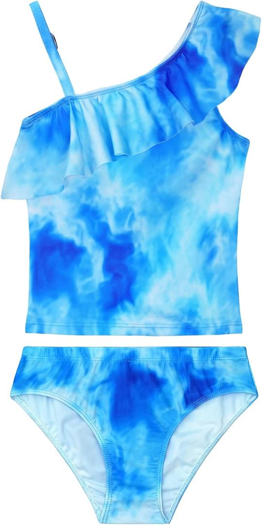 Girls Tankini Swimsuit Two Piece Bathing Suit Colorful Toddler Kids Ruffle Swimwear Adjustable Strap Summer Beach (Blue)size 150