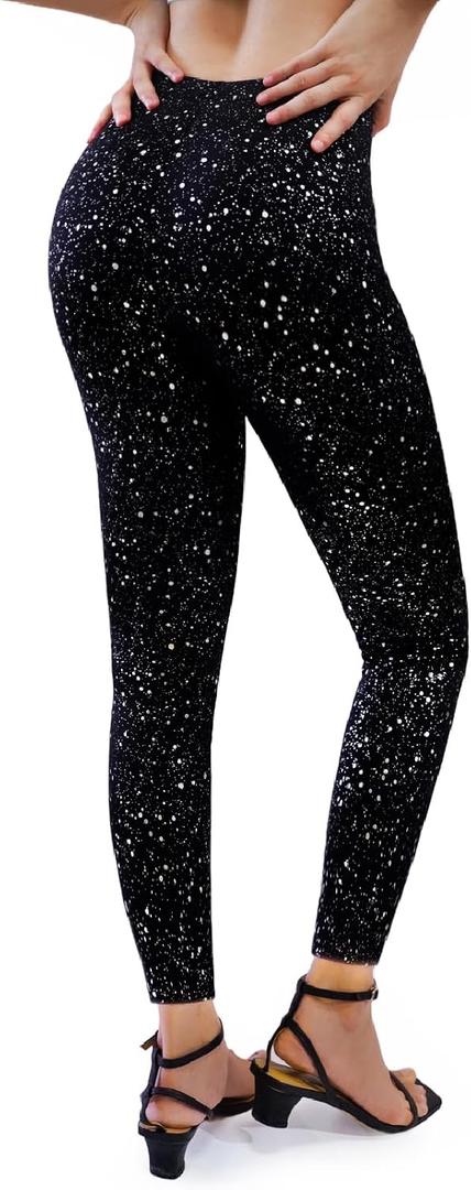 Sparkly Leggings for Women, High Waisted Starry Sky Print Sparkle Pants, Casual Stretch Skinny Legging for Party Holiday (M)