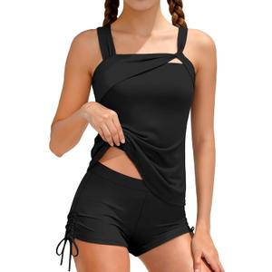 Girls Tankini Swimsuit 2 Piece Bathing Suits Square Neck Padded Tank Top and Drawstring Shorts Girls' Swimwear 15-16Y