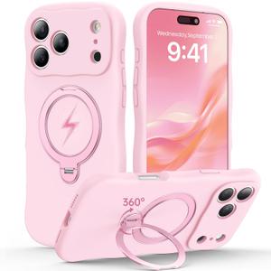 360 Spin Silicone Stand Cover for iPhone 17 Pro Case [Cute Wavy & Full Camera Protection] Fit for MagSafe Shockproof Women Girl Phone Case for iPhone 17 Pro 6.3", Chalk Pink