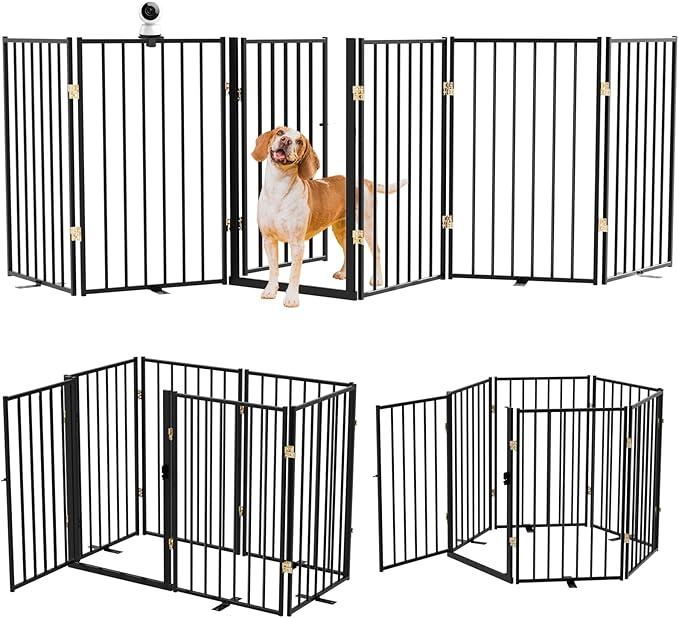 Metal Freestanding Dog Gate Outdoor6 Panels with Door, Extra Wide Foldable Pet Fence with Pet Monitor Adapter, 32'' Height Tall Dog Gate for Doorways, Stairs, Hallways, Yard, Indoor