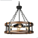 Farmhouse Rustic Wood Chandelier, 4-Light Industrial Drum Chandelier for Dining Room Vintage Pendant Hanging Light Fixture with Black Metal Accent for Kitchen Living Room Dining Area
