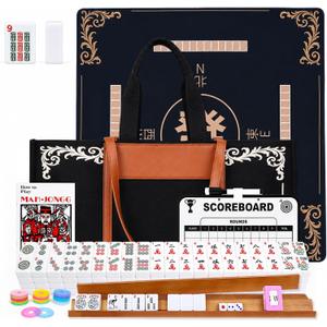 Extguds American Mahjong Set with 166 Tiles, Mahjong Mat, 4 Wooden Racks, Pushers, Dice, Scoreboard & Carrying Bag – Complete All-in-One Mahjong Game Set, 20.08 x 4.72 x 10.63 inches