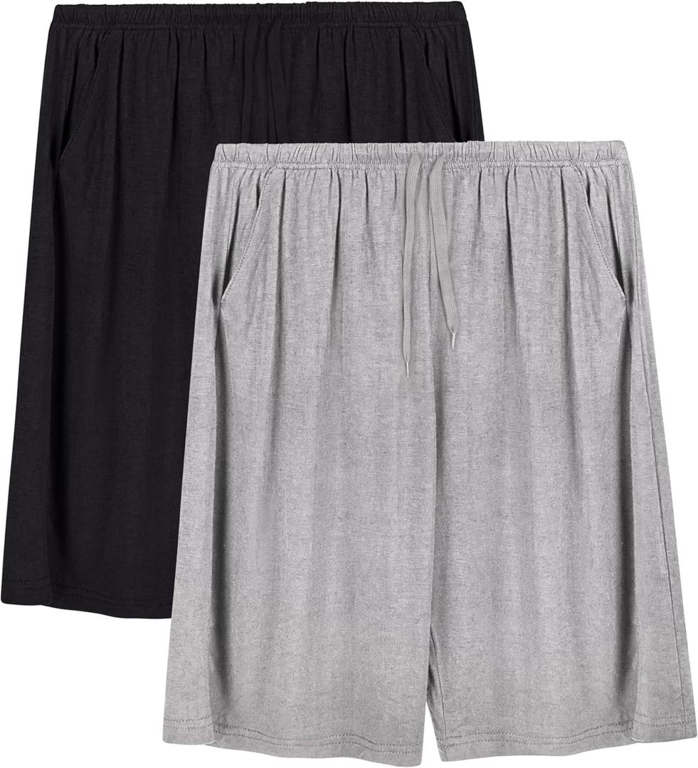 Mens Pajama Shorts, Mens Sleep Shorts Lounge Soft Comfy Pj Bottom Sleeping Pants Breathable Summer Modal Sleepwear(2 Packs) (X-Large, Light Gray+black)