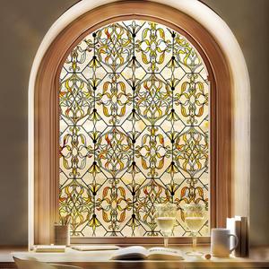3D Stained Glass Window Privacy Film, Heat Control UV Blocking Static Cling Decorative Window Film for Bathroom,Front Door,Home Non Adhesive 23.6 x 35.4 inches Golden Filigree
