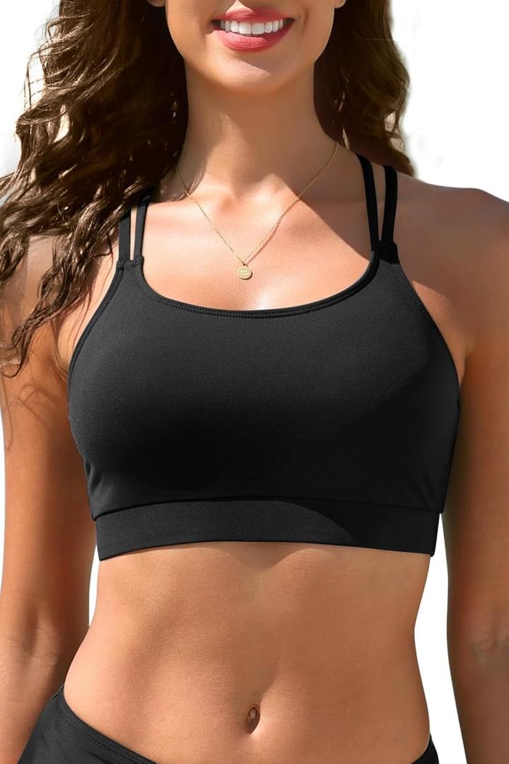 Black Women Sports Bra Bikini Top - Scoop Neck Criss Cross Back Swim Top Spaghetti Straps Bathing Suit Top Only 2025 XL