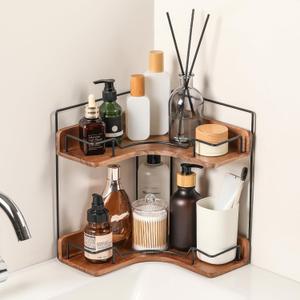 2-Tier Bathroom Counter Organizer, Wooden Corner Shelf for Vanity Countertop Skincare & Makeup, Storage and Organization for Kitchen