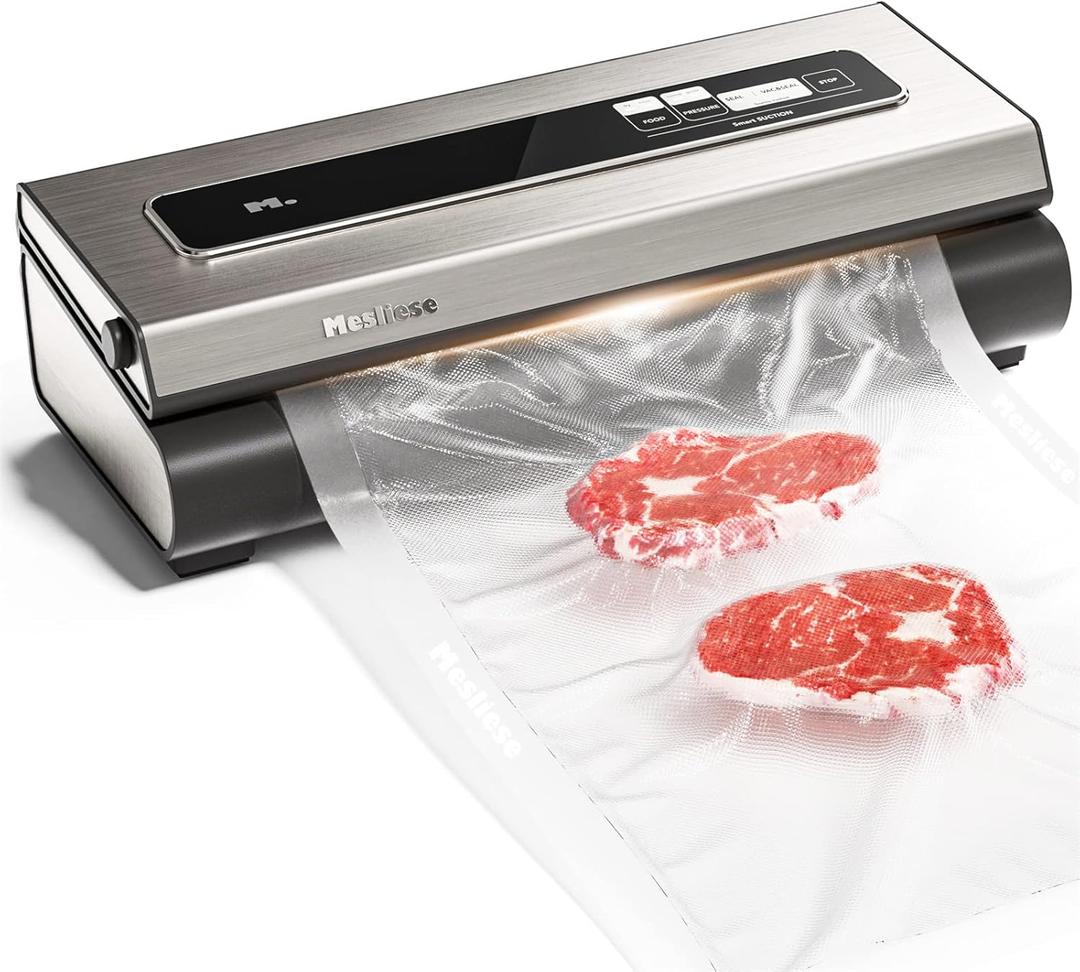 Mesliese Vacuum Sealer Machine Powerful 90Kpa Precision 6-in-1 Compact Food Preservation System with Cutter, 2 Bag Rolls & 5 Pre-cut Bags, Widened 12mm Sealing Strip, Dry&Moist Modes (Silver)