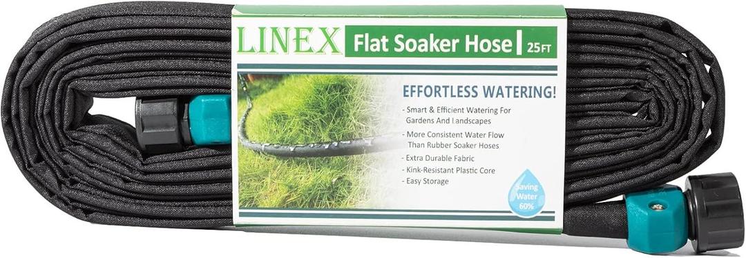 LINEX Garden Flat Soaker Hose 1/2" x 25 ft for Garden Beds Drip Sprinkler Hoses Heavy Duty Save Water 80%