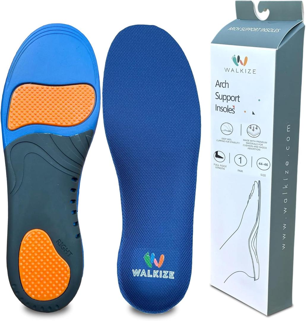 Walkize Arch Support Insoles Women - Plantar Fasciitis Relief, High Arch Support Shoe Inserts for Women & Men, EVA + Mesh Cloth Cushioning Foot Pain Relief Insoles (Large/44-46)