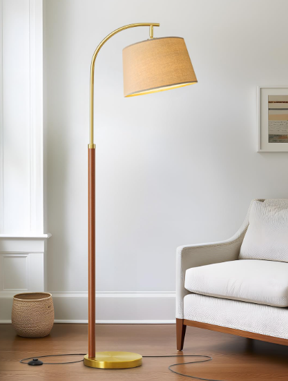 GSAFAVA 62.5" Wood Floor Lamp for Living Room Gold with Foot Switch Arc Standing Tall Lamps for Bedroom Mid Century Modern Corner Floor Lamps for Office Nursery Industrial Reading Light Room Lamp