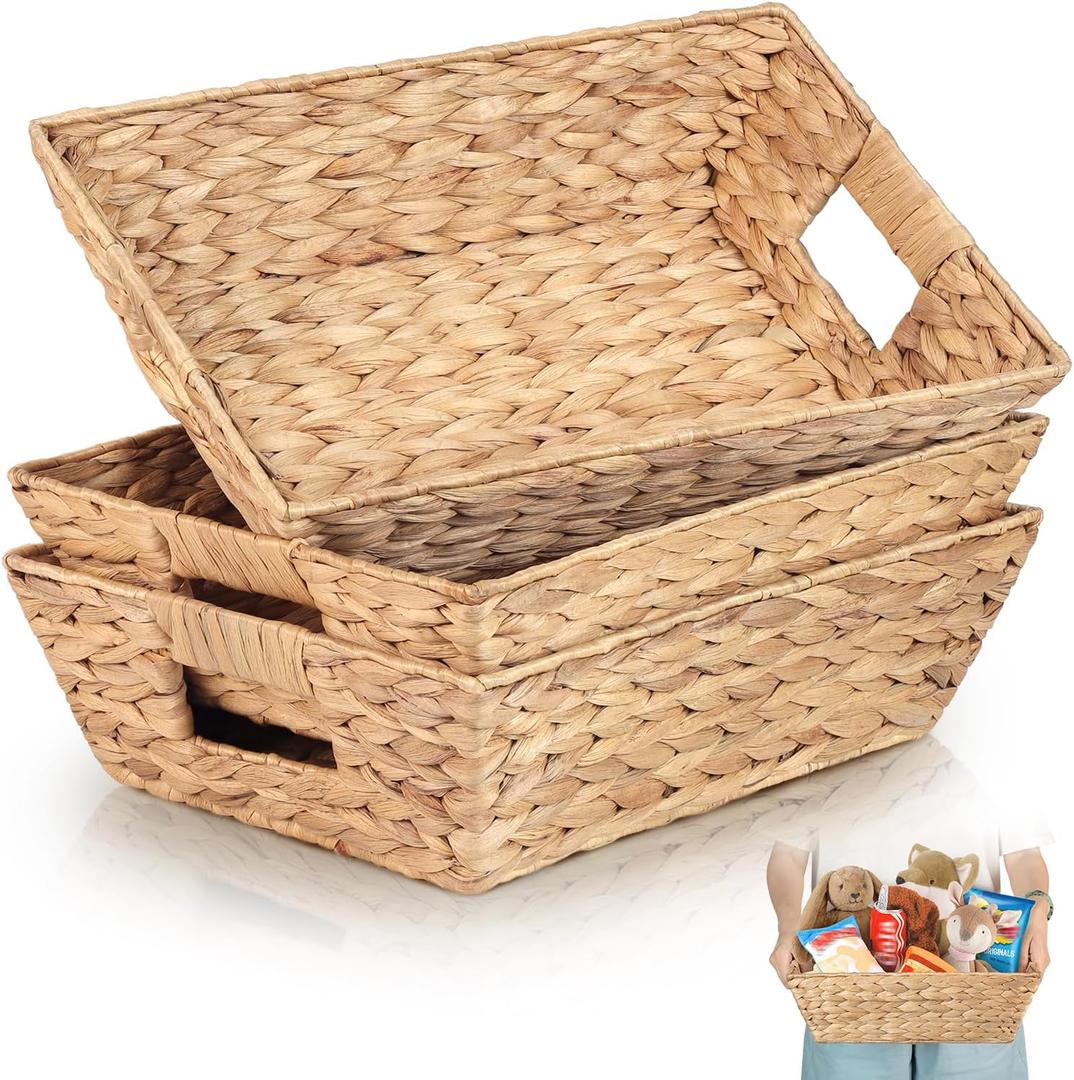 2 x Set of 3 Snack Baskets, Water Hyacinth Basket, Wicker Snack Basket Organizer for Office, Small Wicker Baskets with Handles (3 Medium Basket)