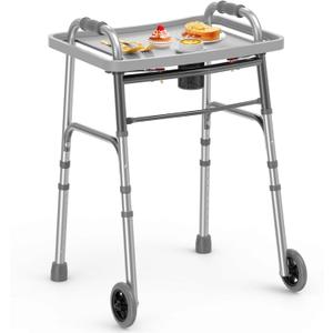 Loyoda Folding Walker with Tray, 5" Wheels Lightweight Walkers for Seniors and Adults, Supports Up to 350 Pounds, Adjustable Height, Compact Standard Walker, Silver