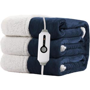 Electric Heated Blanket 72"x84" Full Size for Safe All Night Rest, Dual-Sided Microplush Sherpa for Bedroom Couch Use, 4 Heat Settings & 10 Hours Auto Off Energy Saving, Machine Washable-Dark Blue