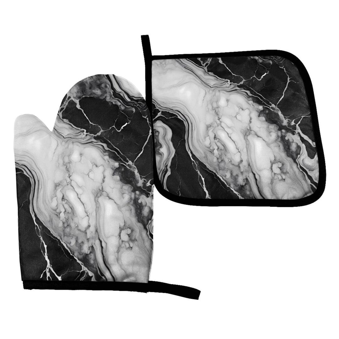 3 x Perinsto Black and White Marble Oven Mitts & Pot Holders Kitchen Set Heat Resistant Decorative Cooking Gloves Microwave Oven Gloves for Baking Grilling BBQ