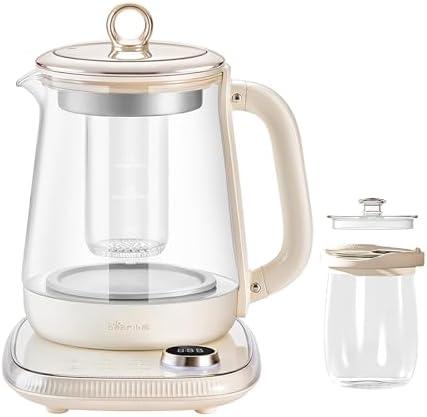 Bear HK-5L15B05 Electric Kettle, 1.5L Health Pot with Small Bubble Technology, Stainless Steel & Glass Kettle, 6 Programs, 1000W, Cream White