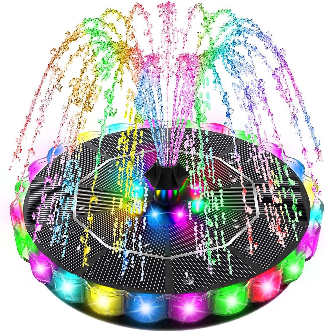 SZMP 3.5W Solar Fountain for Bird Bath with 2000mAh Battery & 3D Color Changing LED Light, Anti-Drift Fixer & 8 Nozzles, Solar Powered Water Fountain Kit for Garden, Patio, Pond
