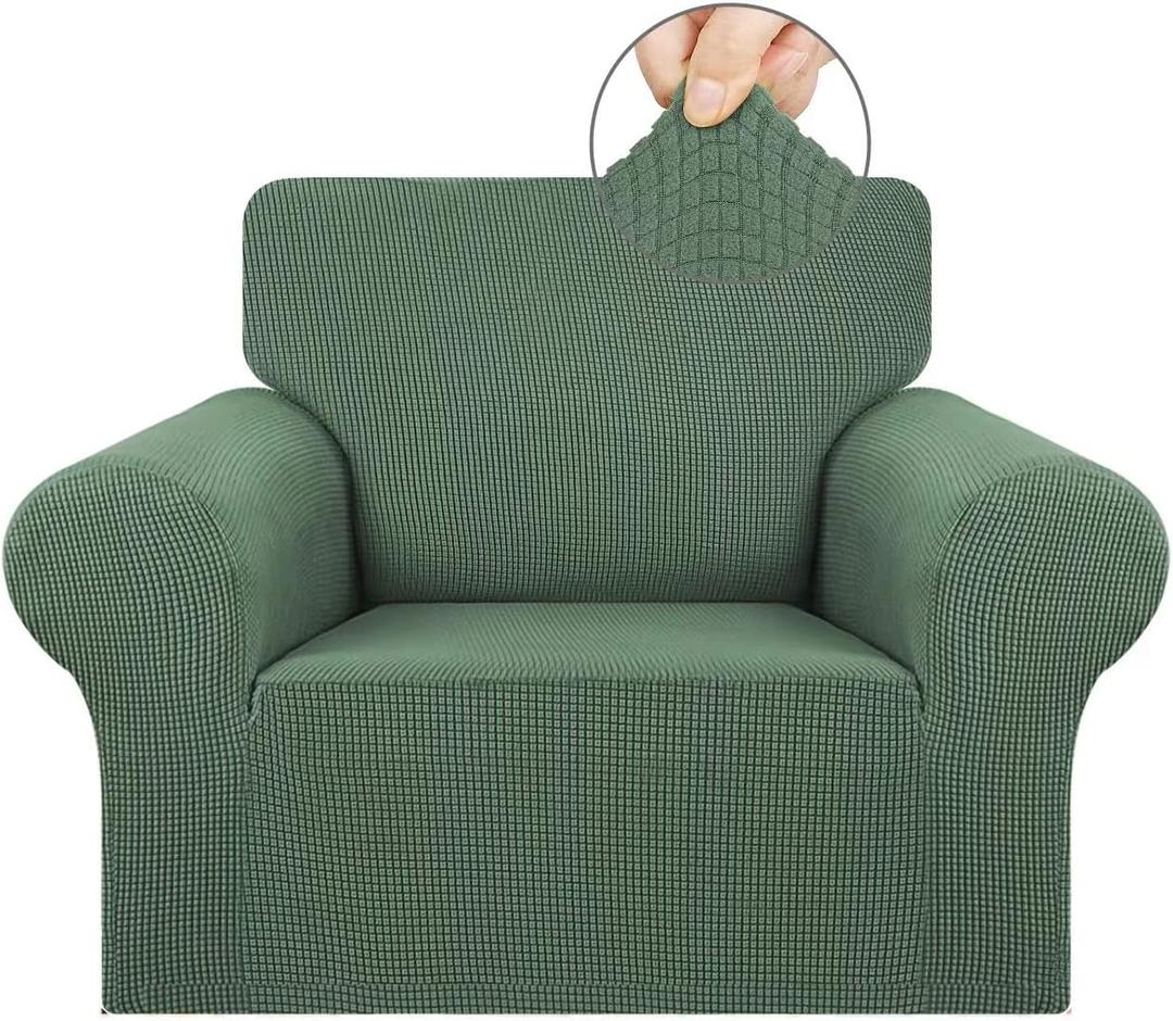 KEKUOU Stretch Single Sofa Slipcover 1 Piece Couch Sofa Cover (31"-55") Furniture Protector 1 Seater Sofa with Elastic Bottom for Kids,Pet.Jacquard Small Checked Pattern Fabric(Small,Greyish Green)