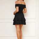 GOKATOSAU Women's Off Shoulder Folded Neck Tiered Ruffle Hem Bodycon Ruched Waist Mini Dress Black, S