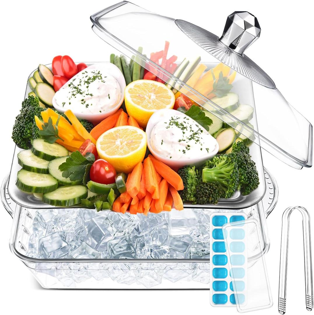 Baderke 1 Set 9" Chilled Serving Tray for Parties with Compartments Ice Chilled Party Platter with Lid Tableware Charcuterie Serving Board for Fresh Food Fruit Seafood Vegetable Appetizer(Silver)
