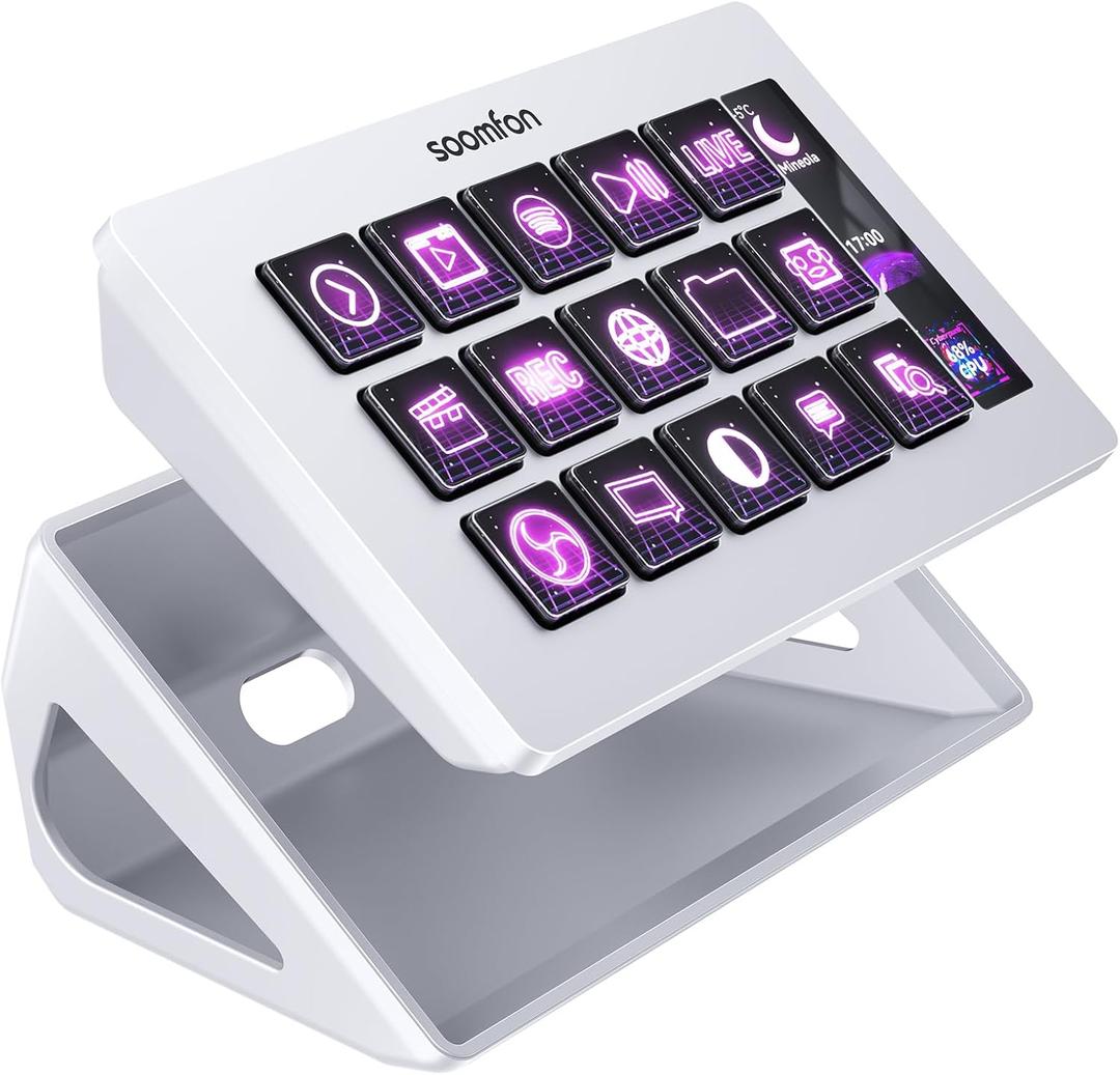 SOOMFON Stream Controller Stream Control Deck with 15 LCD Macro Keys Customizable for Content Creators Streaming Gaming to Trigger Actions in OBS, YouTube, Twitch and More, Compatible with PC & MAC (White)