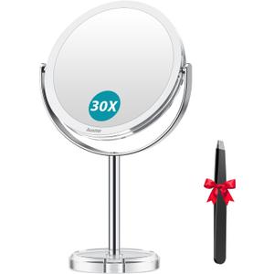 1X/ 30X Magnifying Mirror, Makeup Mirror with Tweezer, Double Sided Round Vanity Tabletop Mirror, 360 Rotation Portable for Dressing Table Desk Bathroom Bedroom Travel, Clear