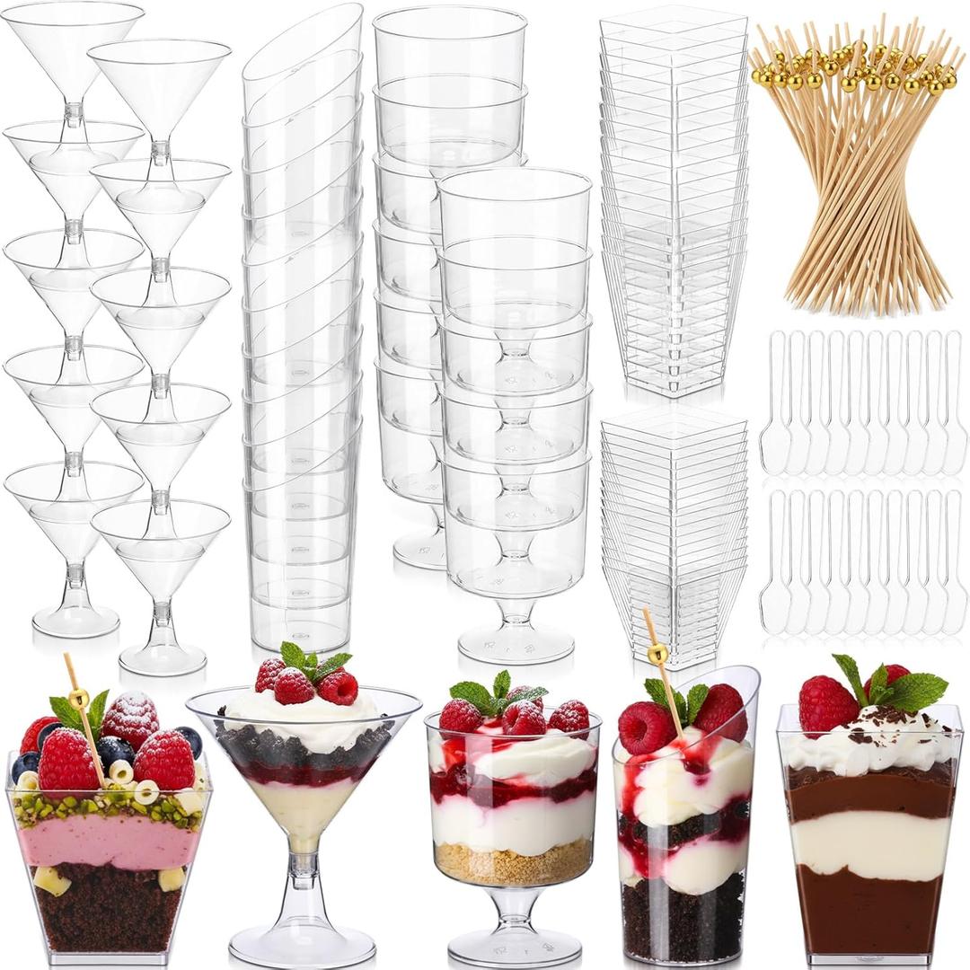 150 Pcs Plastic Dessert Cups with Spoons and Toothpicks, 2 to 5 oz 5 Styles Clear Mini Appetizer Cups Disposable for Serving Fruit Trifle Ice Cream Pudding Weddings Party (Clear, Basic)