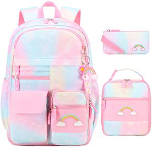 InduSKY Cute Rainbow School Backpack with Insulated Lunch Box Pen Case Set, Kids Backpack for Kindergarten to Middle School Students