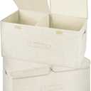 2 Pack Storage Boxes with Lids and Handles, Collapsible Linen Storage Bins Organizer Containers Baskets Cube with Removable Divider for Home Bedroom Closet Office (Cream, Large)
