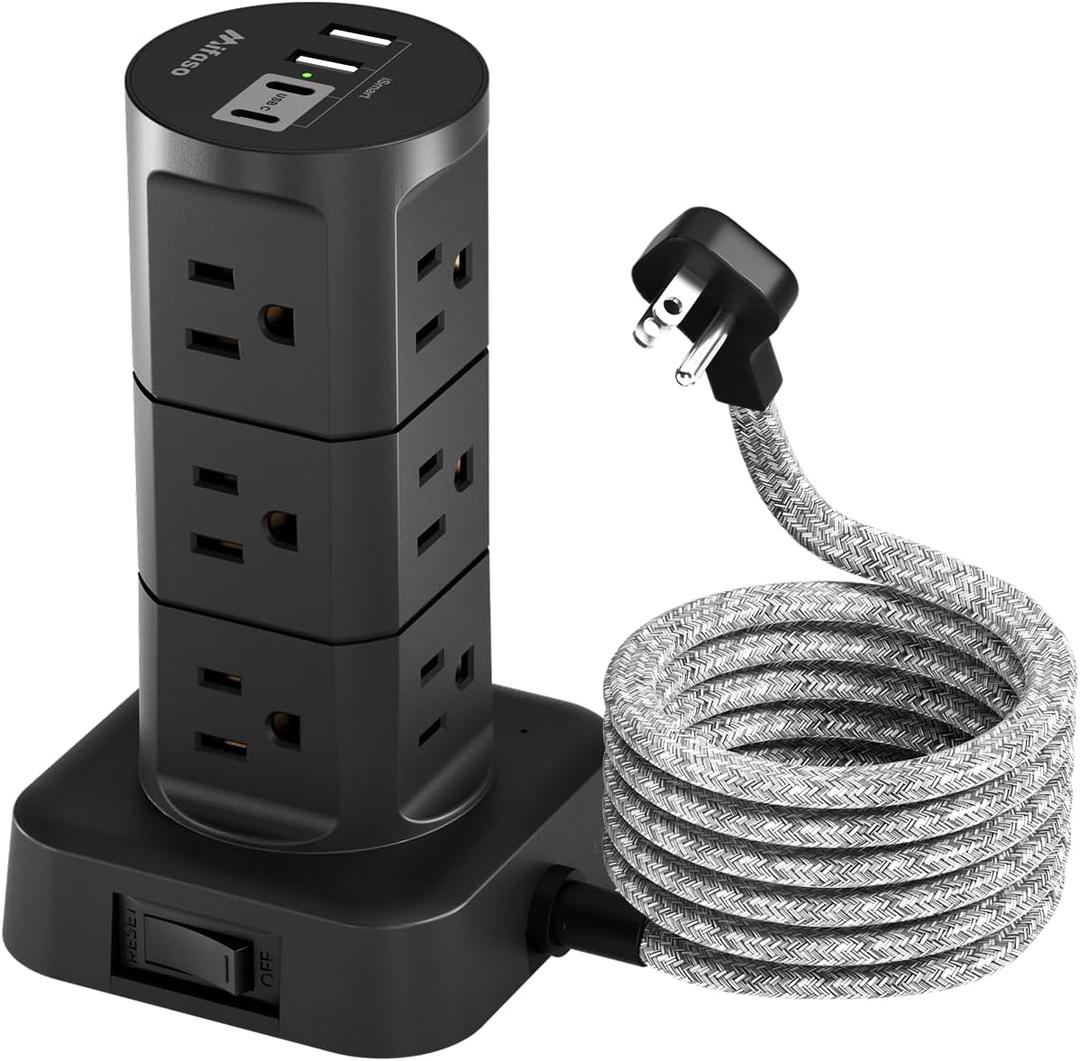 Charging Station Tower, 10Ft Power Strips with Surge Protection, Flat Plug, 12 Outlets 4 USB Ports, 1875W/15A 1080J Extension Cord with Multiple Outlets, Office Desk Supplies, Dorm Essentials