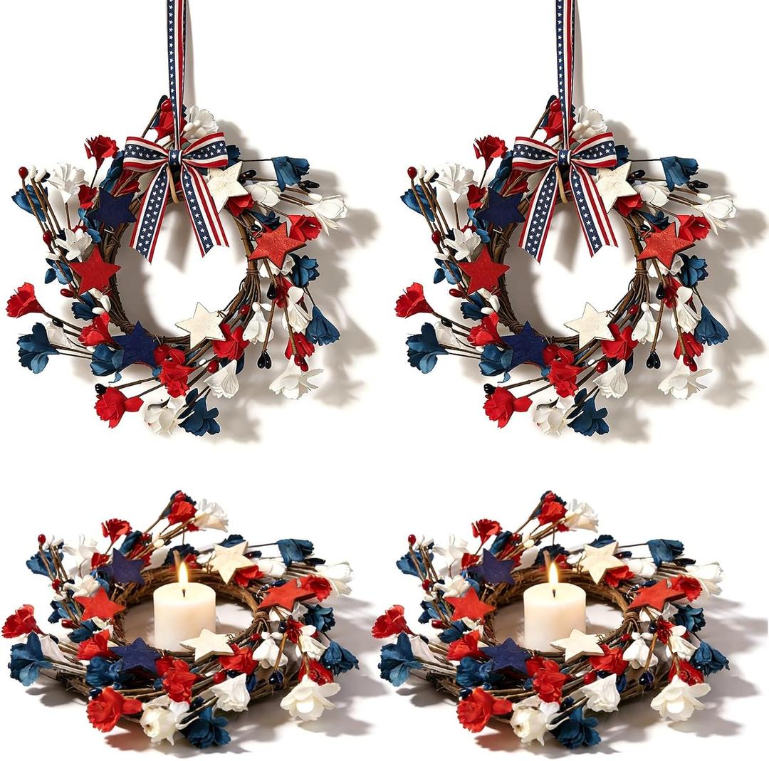 4 Pcs Mini 4th of July Hanging Wreaths for Cabinets Patriotic Red White and Blue Artificial Candle Ring Wreath Pillar Candle Holder Wreath for Farmhouse Independence Day Memorial Day Porch Front Door