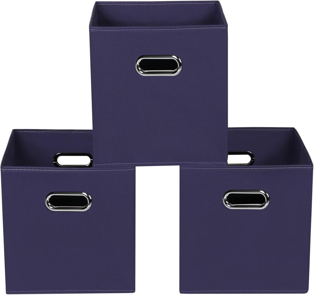 Navy Blue Fabric Storage Bins, Set of 3, 11x11x11, Foldable Cube Bins for Cloth or Accessory Storage