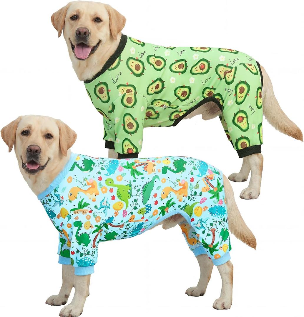 XPUDAC 2 Pack Dog Pajamas for Large Breeds, 4-Way Stretch Soft Dog Onesie Lightweight Warm Pet Clothes Jammies for Large Breeds Dinosaur Avocado Print, 8XL 