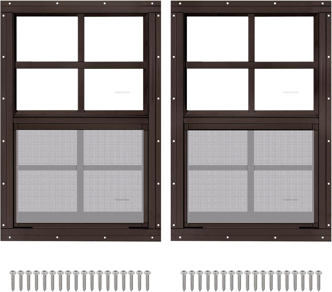 2 Pack 14" x 21" Brown Shed Window with Tempered Glass and Fiberglass Screen Household Sliding Windows with Screws for Shed, Chicken Coop, Playhouse, Garage and Barns