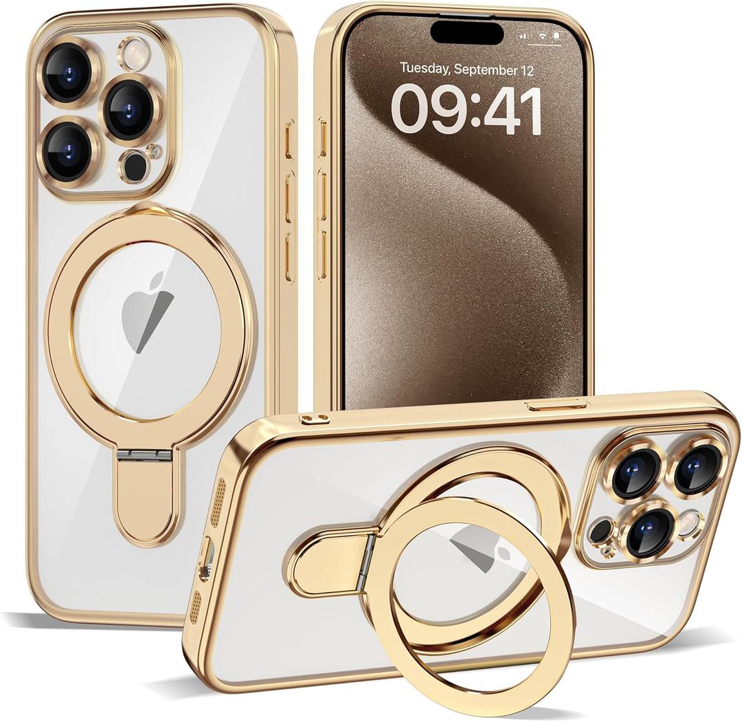 Compatible with iPhone 15 Pro Max Case with Invisible Magnetic Ring Stand [Compatible with Mag-Safe] [Full Camera Lens Protector] Plating Clear Phone Case for iPhone 15 Pro Max 6.7", Gold