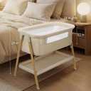 Uuoeebb Baby Bassinet, Bedside Bassinet for Baby, 2-in-1 Bedside Sleeper with Mattress, Half-Mesh Breathable Design, 4 Auto-Lock Wheels, Storage Basket, Easy Assembly (Khaki), Crib