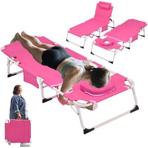 3-in-1 Tanning Chair with Face Hole for Outside, 5-Position Reclining & Head Cushion  Portable Folding Beach Lounge Chairs for Pool, Lawn, Yard (Pink)