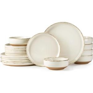 AmorArc 18 Pieces Ceramic Dinnerware Sets for 6, Handpainted Stoneware Plates and Bowls Set with Rustic Terracotta Underside, Scratch Resistant Dishes Set, Dishwasher & Microwave Safe (Beige(Handbrush Rim))