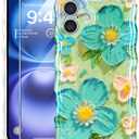 for iPhone 16 Case [with 9H Screen Protectors] Wave Bumper Colorful Oil Painting Flowers Print Blue Glossy Soft TPU Phone Case Cover for Girls Women,Blue Daisy