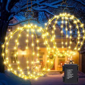 Flacchi Set of 2 Outdoor Hanging Ball Lights - 2 Sizes of Christmas Battery Operated Garden Lanterns Waterproof Globe Fairy Lights with 8 Lighting Modes Timer Memory Function (Warm White)
