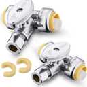 (Pack of 2) Seelink 1/4 Turn Stop Tee Compression Stop Valve, 1/2" Push Fit x 1/2" Push Fit x 3/8 Inch OD Compression, Chrome Plated Brass